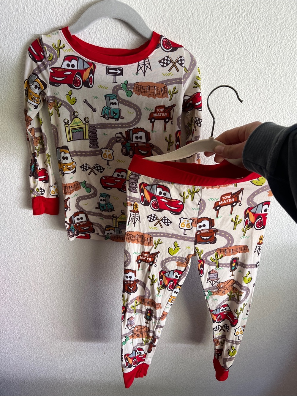 Little Sleepies Disney Cars Road-Print Kids Pajama Set in Red and Cream